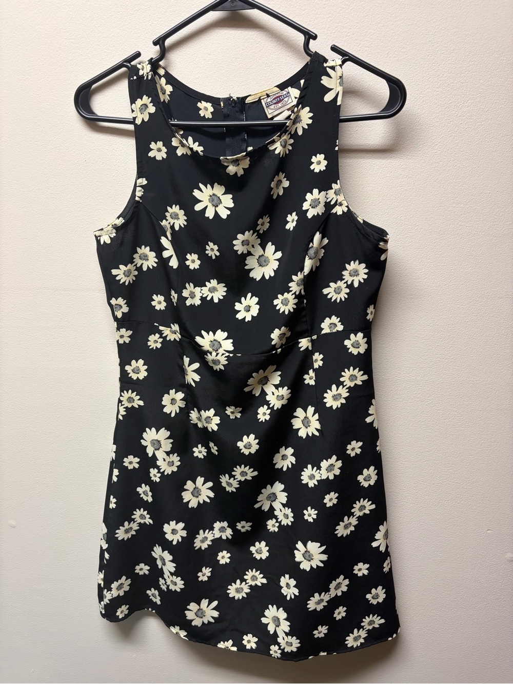 Vintage Black Mini Dress with Ivory Daisy Print